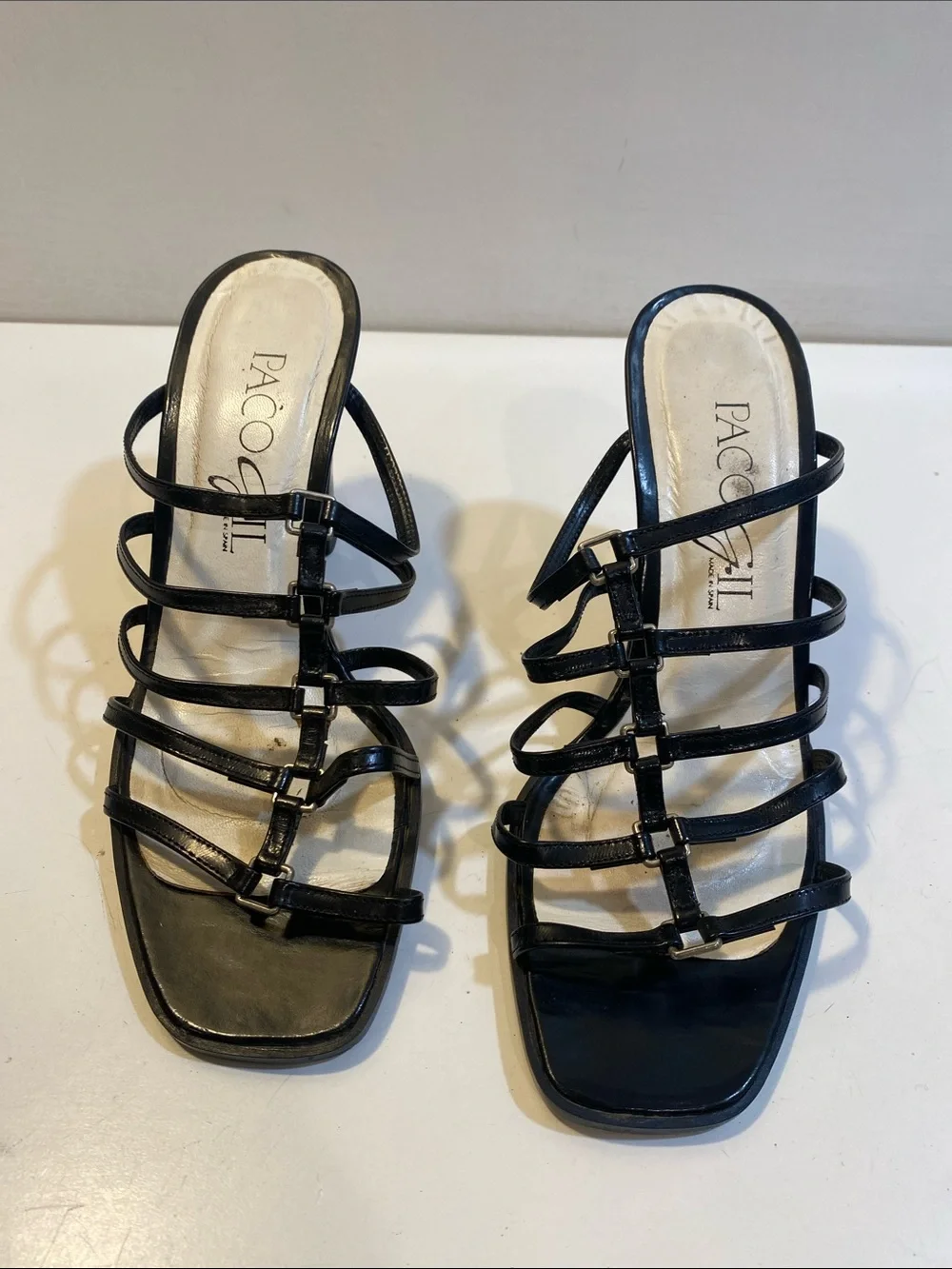 Paco Gil Made In Spain Black Strappy Block Heel Leather  Sandals 7.5 B
